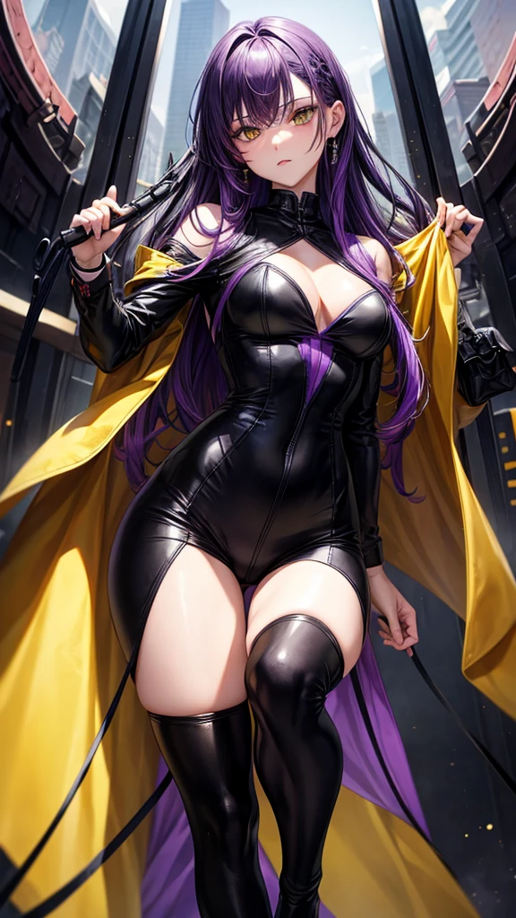 (masterpiece), best quality, expressive eyes, perfect face, purple hair, yellow eyes, legs, women, black suit, black pants, sexy, 
