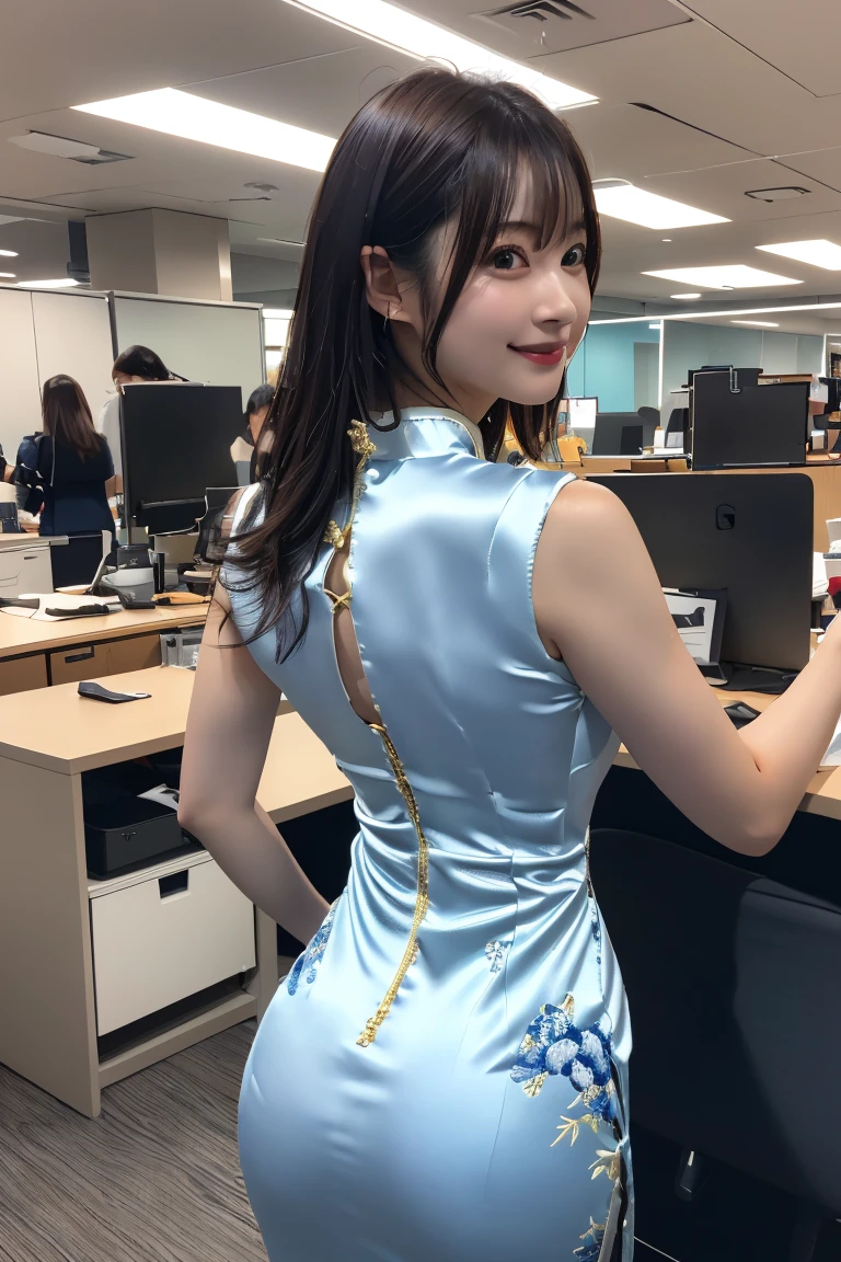 (Highest quality, 8K, 32k, masterpiece, Ultra-high resolution: 1.2), 1 Girl, Beautiful Japanese Women, Tight waist, ((China dress:1.3)), OL, From the back, office, mechanical, (Protruding buttocks: 1.2), Detailed face, short hair, Korean Idol, Nogizaka idol, actress, idol carving, Android, cute, smile