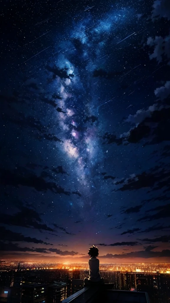 anime painting inspired by Makoto Shinkai, space art, sideways gray Norwegian forest cat sitting on the roof of a building looking at the sky, mysterious, fantastic, meteor shower, intricate lights, twinkling city lights,