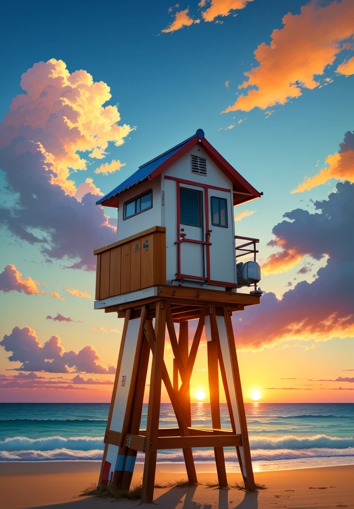 ghibli anime style, portrait of a lifeguard tower on the beach, beautiful sunset over the ocean, full clouds in the sky, symmetrical framing, volumetric lighting, vibrant color