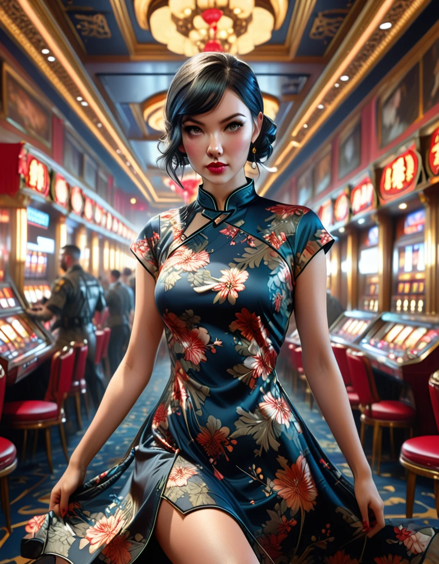 A young and extremely beautiful woman_cyborg, retro hairstyle, retro makeup, grinning face, ideal proportions, large breasts, ((Night camo_tight_China dress:1.9)), (rapid firing of assault rifle:1.7), (motion blur effect:1.5), (casino interior is in chaos, frenzy and destruction:1.4), (highest quality, 4k, 8k, high resolution, masterpiece:1.2), ultra-detailed, (realistic, photorealistic, photorealistic:1.37), detailed facial features, intricate dress pattern, striking pose, dramatic lighting, cinematic composition, vibrant colors, dystopian atmosphere, oil painting,