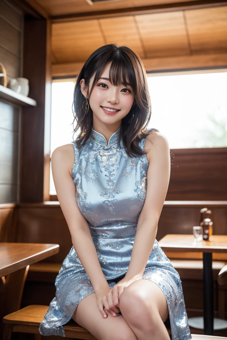 (18-year-old: 1.2), (Insincere laughter), (avert your eyes), 8K, Japanese girl raw々new portrait, Realistic, Ultra-high resolution, Highest quality, (China dress: 1.2), (From below: 1.2), Sit on a chair, Arms crossed, (Panty shot: 1.2), (High-end cafe) break (Natural skin texture, Detailed skin, Hyperrealism, Ultra Sharpness), Intricate details, Written boundary depth, Dim lighting, Korean Idol, Nogizaka idol, idol carving, actress, Fashion model posing