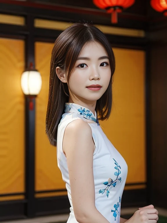 A woman wearing a Chinese dress、She is posing with a traditional Chinese garden as a backdrop。There are red lanterns and bamboo in the background.、Let the elegance and beauty of a woman shine through。