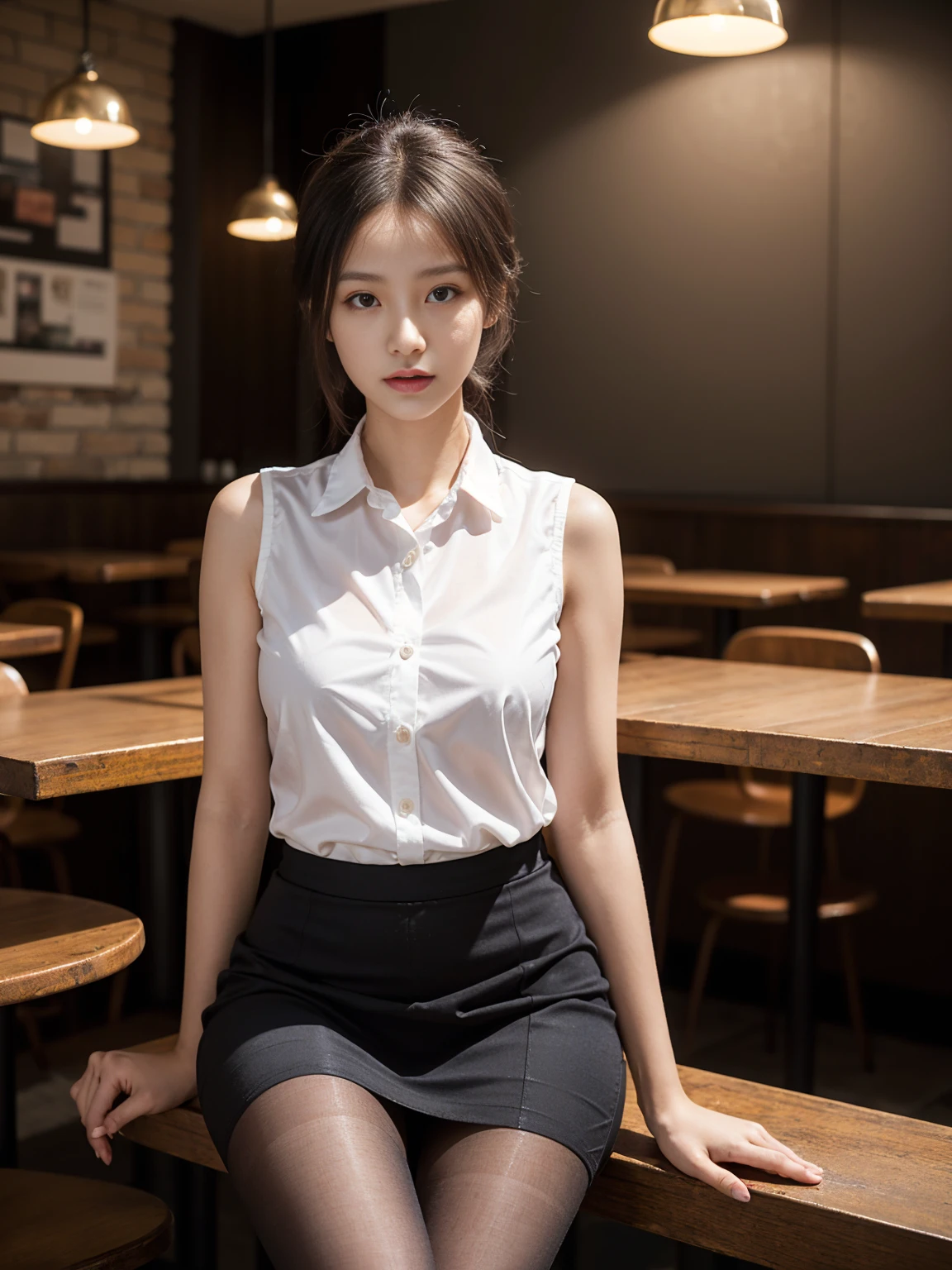 セレブFemale college student, Tight skirt and thighs、20age、height 162cm、、Conservative Fashion, (Wearing pantyhose,Realistic pantyhose)、Go to university、Wearing a high-end sleeveless shirt, Wear high-quality high heels、 Girl in see-through blouse, Wearing an elegant blouse, When you wear a very thin sleeveless shirt, Female college student, Sleeveless shirts and skirts, Wearing a silk sleeveless shirt, Wear a shirt and a short skirt, 、Sit in a café、 RAW Photos, (8K、Highest quality、masterpiece:1.2)、(Intricate details:1.4)、(Photorealistic:1.4)、Octane Rendering、Complex 3D rendering with ultra-detail, Soft studio light, Rim Light, Vivid details, Super Detail, Realistic skin textures, Face in detail, Beautiful details in the eyes, Highly detailed CG Unity 16k wallpaper, compensate, (Detailed Background:1.2), Exposed thighs!!!Raise the skirt with both hands、Panties visible through pantyhose