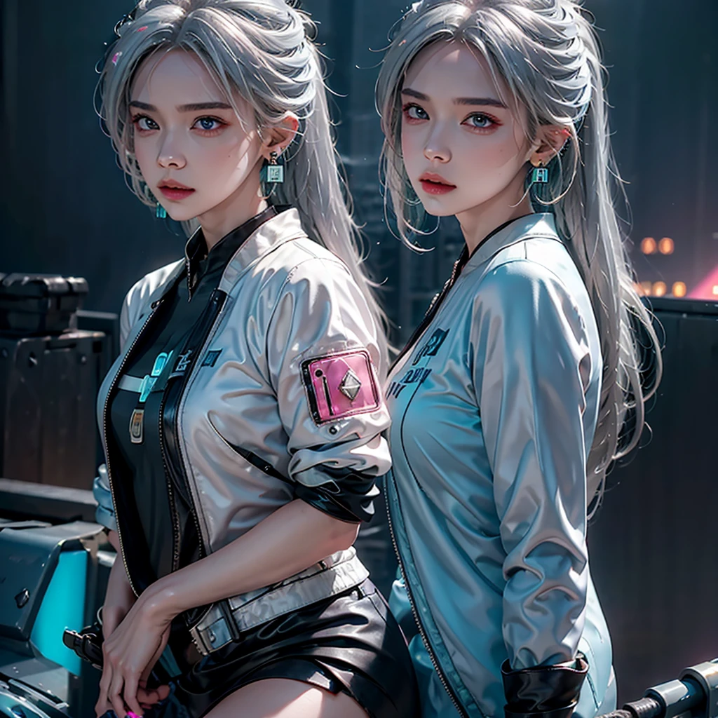 (On the table, best quality, night:1.4), (Cowboy shooting, Silver Hair:1.9), 8K, , beautiful girl, (wearable computer:1.4), Cyberpunk, Cybergoth, (Cyberpunk装束, Fluorescent pink decoration, Glowing pink lines on bomber jacket:1.5), Neon, Bracelets and necklaces, (blazing, glow, Film Grain, Chromatic Aberration:2), (Asian Shopping District, street, architecture, Skyscraper:1.2), cosmetic, (Cyan earrings:1.3), Clear focus, Dark background, view, Depth of Field, (very small mechanical device, rain, nffsw, Surface lamp, Clear focus, Dynamic Lighting, light, Professional Shadow, Very detailed, Fine details, Genuine Leather:0.8), (Delicate eyes, Sharp pupils, Realistic students, Dark background:0.6), (Failure effect:0.8)、mini skirt、Huge