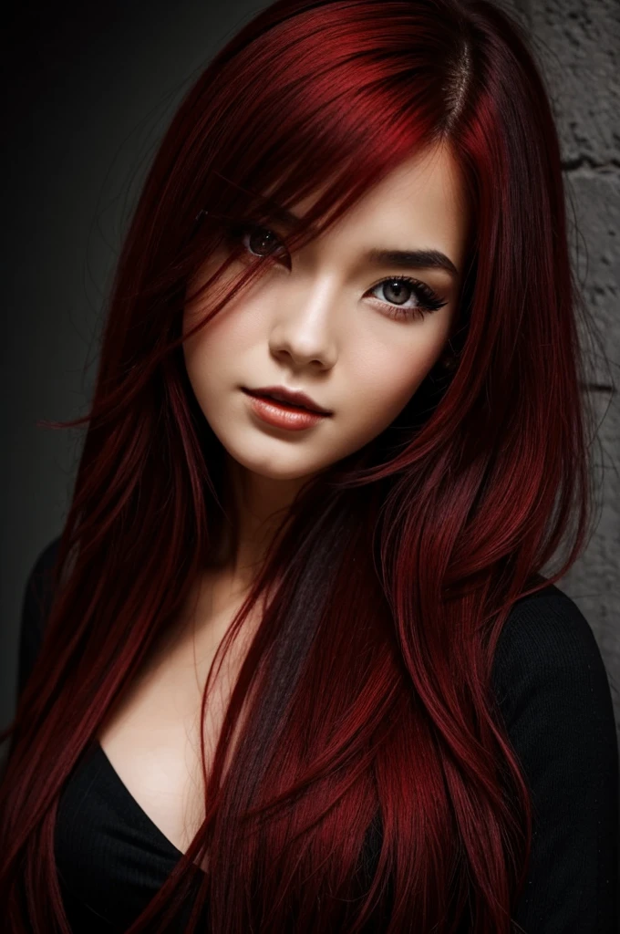 Girl red eyes, black and red hair, sensual