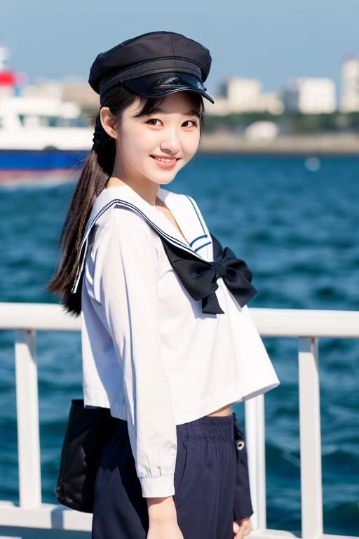 ((best quality)), ((masterpiece)), (detailed), 1girl, beautiful straight black long hair , beautiful smile , sexy pose ,standing position , sailor jacket , top crop shirt , short pants , on ferry , sea background , sailor hat