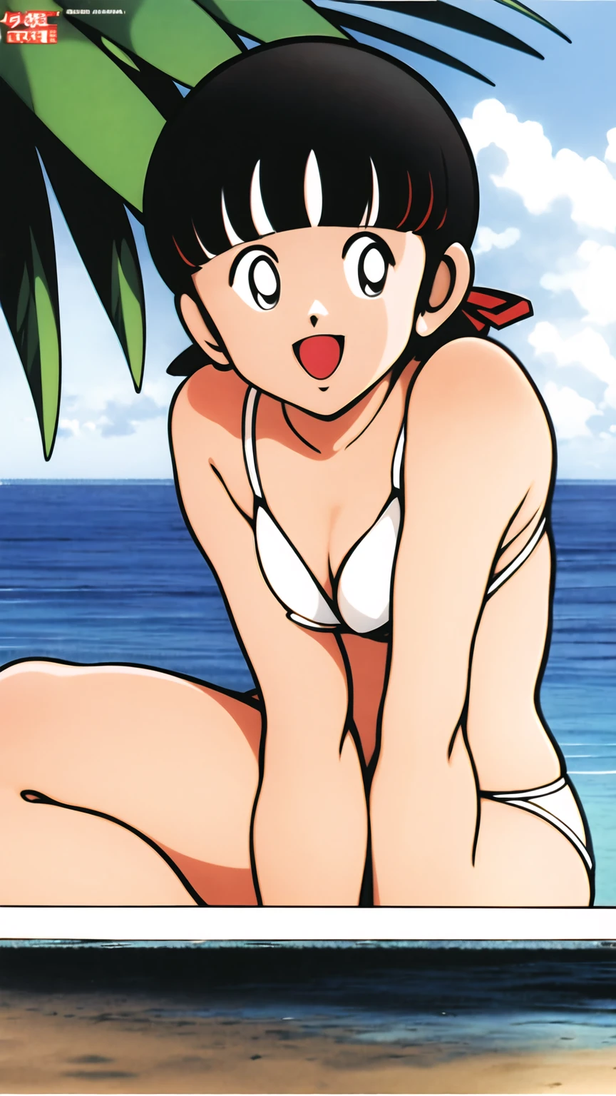 ((((character:asakura minami:1.4)))),((masterpiece)),((highest quality)),Super detailed,(thin entire outline),enlightenment,explicit,1girl,solo,black hair,medium hair,black eyes,small nose,perfect body,beautiful body,beautiful character design,perfect eyes,perfect face,((happy smile)),small open mouth,(enjoy,having fun:1.2),perspiration,wallpaper,ultra high resolution,8k,photo shoot,(beautiful medium :1.2),beautiful legs,perfect feet,beautiful skin,fair skin,smooth skin,official style,official art,make a screen cap,outdoor,((summer beach)),sunshine,bright lighting,(white micro bikinis),(split legs:1.2),peace sign,