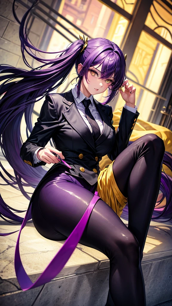 (masterpiece), best quality, expressive eyes, perfect face, purple hair, yellow eyes, legs, women, black suit, black pants, sexy,