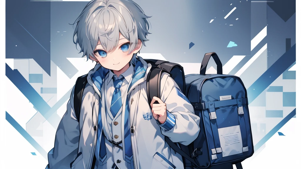 1 boy、High school boys、Highest quality, Tabletop, Beautiful Face、、Gray Hair、short hair、whole body、smile、smile、Carrying a blue and white checked backpack、School Background、