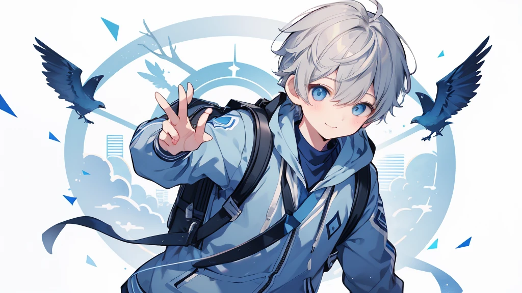 1 boy、High school boys、Highest quality, Tabletop, Beautiful Face、、Gray Hair、short hair、whole body、smile、smile、Carrying a blue and white checked backpack、School Background、