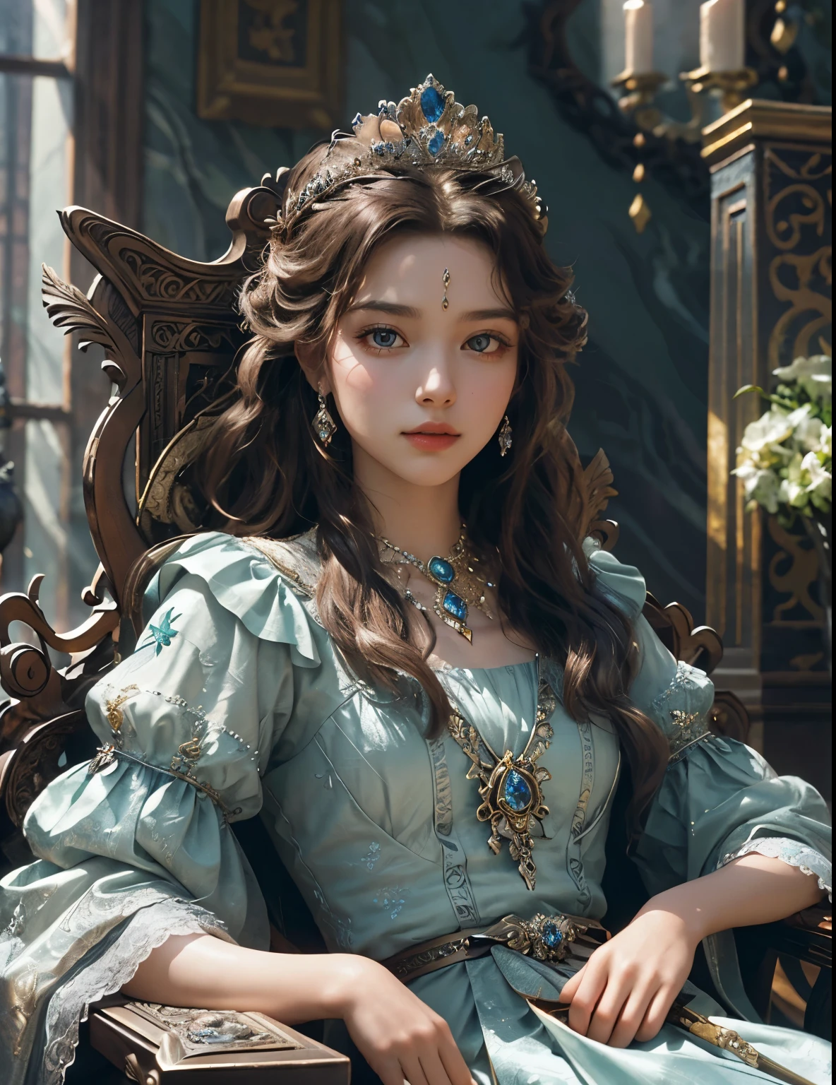 A captivating queen, seated regally upon a grand throne adorned with precious gems, wields a colossal, gleaming sword with unwavering courage. A single, youthful girl with long, cascading hair possesses enchanting details in her eyes and lips, donned in an elegant gown that boasts intricate patterns. The entire scene is bathed in dramatic lighting, evoking an epic, fantasy atmosphere, typical of cinematic masterpieces. The image resolves in 4K resolution, with every detail meticulously crafted to perfection, a testament to its ultra-detailed, photo-realistic quality. Shadows cast upon the throne and queen,