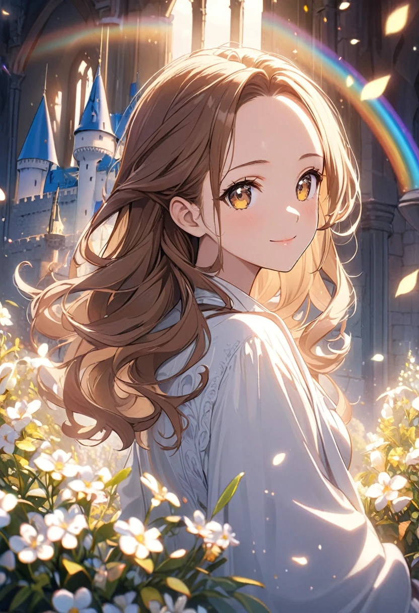 Very detailed,(((ultra detailed face))),best quality, 8k, (soft Light), Light, ((soft focus)),1 beautful woman, facing the camera,upper body,brown hair, ((forehead)),almond eye, fluffy hair,((forehead)),elegant, Comfortable, Clean and detailed anime art, Trending on artstart, rainbow colors, (((milky white)),  illuminate warmly, big smile,flowers,((happiness)),castle,thank you!