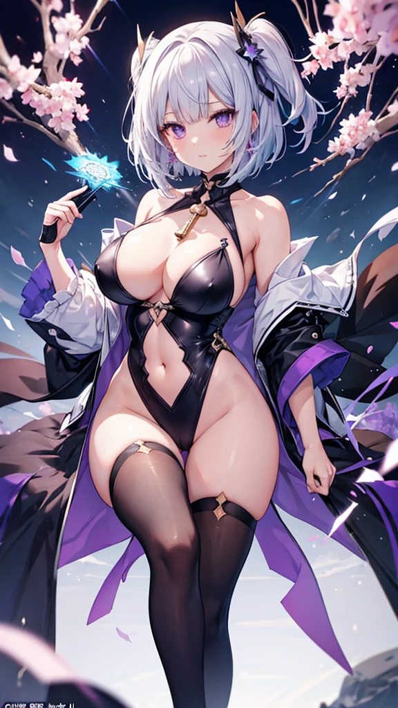 Silver Hair、Bobcut、Completely naked、Purple Eyes、Black winged woman、Big Breasts、Spread your legs、Nipples、vagina, Exposed breasts and thighs、Show off your thighs、Official Anime Artwork, Ayaka Genshin Impact,  Detailed Key Anime Art, 黒 photo, Ayaka Games Genshin Impact, Gap Moe Yandere Grimdark, Fine details. Girls&#39; Frontline