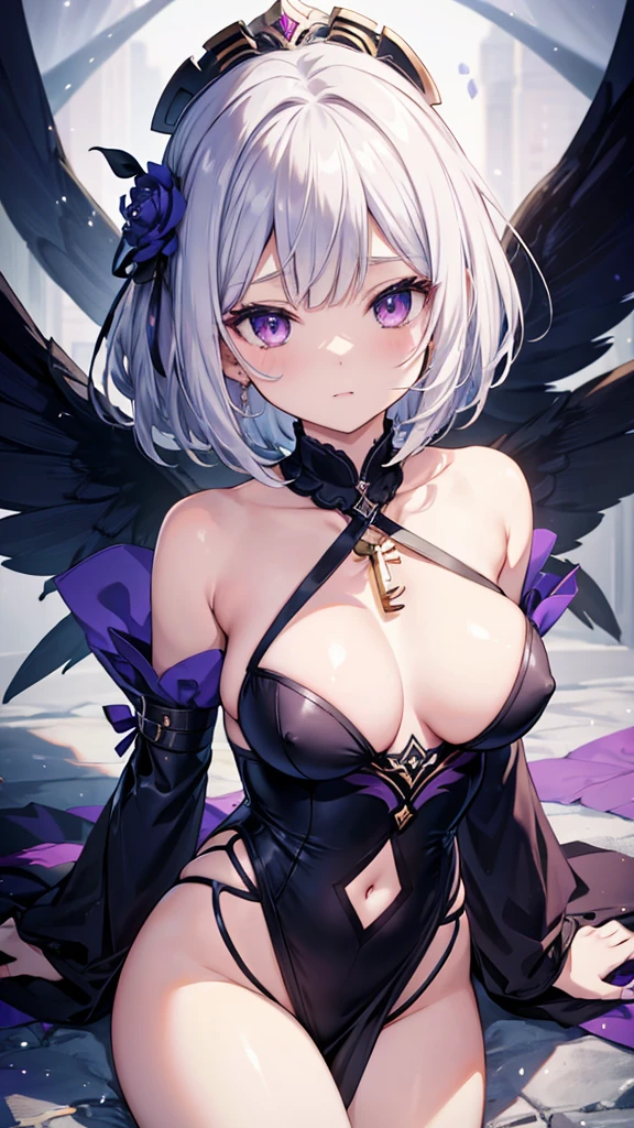 Silver Hair、Bobcut、Completely naked、Purple Eyes、Black winged woman、Big Breasts、Spread your legs、Nipples、vagina, Exposed breasts and thighs、Show off your thighs、Official Anime Artwork, Ayaka Genshin Impact, Detailed Key Anime Art, 黒 photo, Ayaka Games Genshin Impact, Gap Moe Yandere Grimdark, Fine details. Girls' Frontline