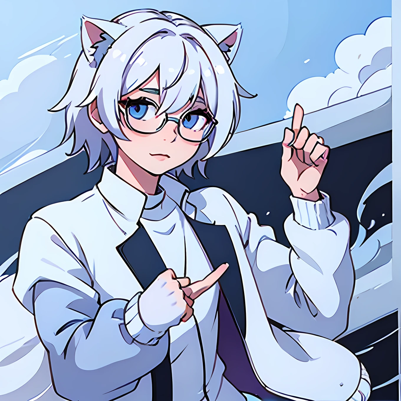 anime character - boy, an anime drawing by Kamisaka Sekka, pixiv, catboy, wearing white sleeved and blue bodyvarsity jacket, wearing glasses, white messy hair, ((white cat ears)), casual clothing, feminine features, smile, cute face, kind features, solo, blue eyes, full lips, wearing thin collar