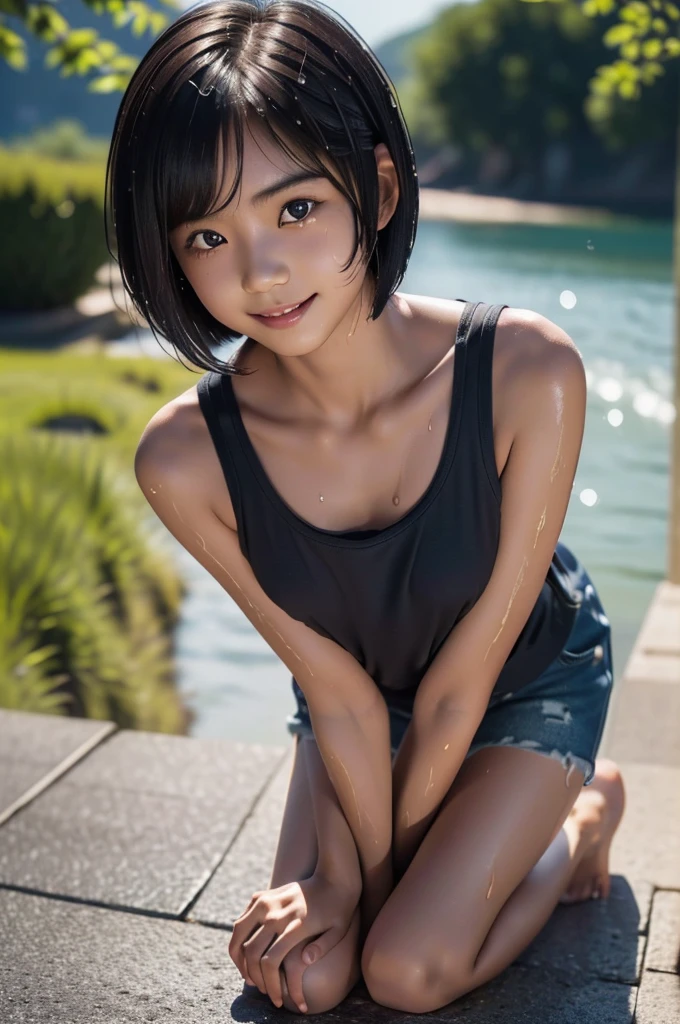 1girl, solo, (smile:1.25), cute japanese girl, (li), break,
straight hair, (short hair:1.75), (hair over one eye:1.5), (flat chest:1.25), break,
(dark skin:1.35), (sweaty skin:1.2), break,
wet, (wet clothes:1.2), navy tank top only, break, 
(close up:1.75), (from above:1.5), (leaning forward:1.5), (hands on knees:1.35), break,
Height, Low Height, lens: 135mm f1.8, break, 
(highest quality), (RAW Photos), (8k, RAW photo, best quality, masterpiece:1.2), (realistic, photo-realistic:1.4), (extremely detailed 8k wallpaper), highest quality, masterpiece, High resolution,
in the lake,
