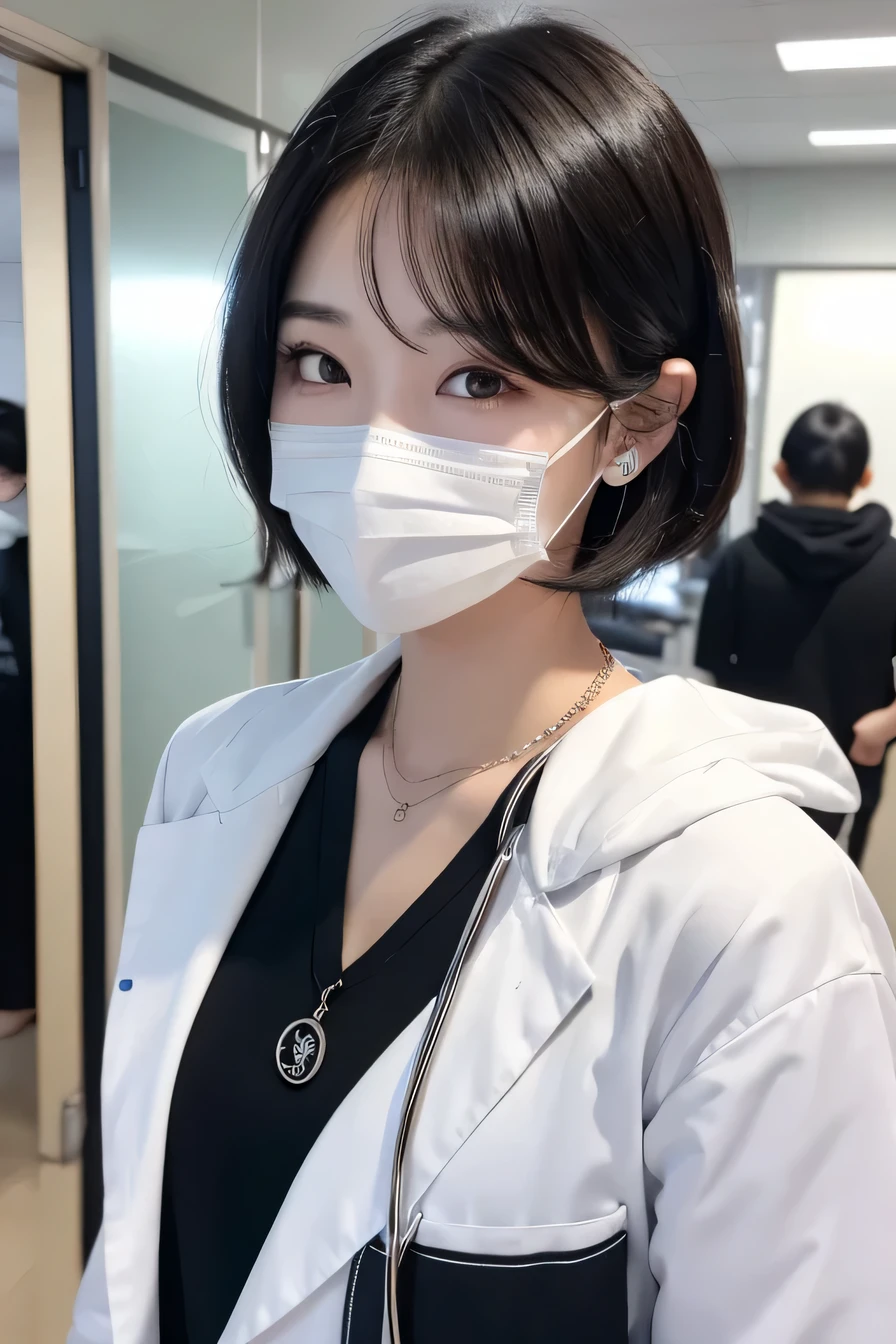 Beautiful young woman、 Korean women、Black Hair、Necklace around the neck、White、Dressing down white、Stethoscope、Mask on mouth、short hair、Wavy Hair、Intricate details, Very detailed:1.2), 、 Looking into the camera,The background is the inspection room..、ear piercing