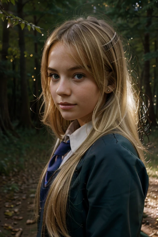Pretty blonde girl in a dark forest.