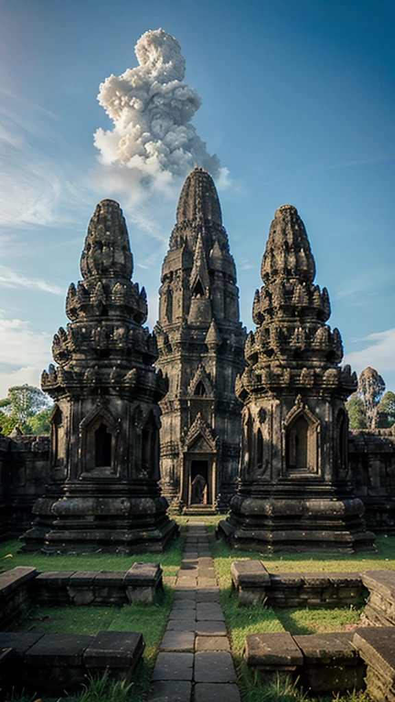 Photograph Prambanan Temple with Mount Merapi towering in the distance, adding a majestic natural element to the historical and beautiful scene, 4K