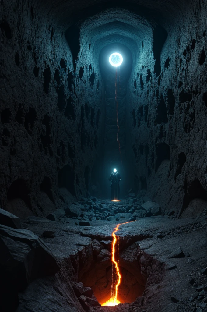 A huge deep abyss made of black stone, incandescent magma, phosphorescent radioactive mineral, it ends in the bottom with a living organic obscurity, abysssanctum, procreation of the wicked, synthetic grotesque,highly detailed, 4k resolution, masterpiece, 3d modelling,digital art