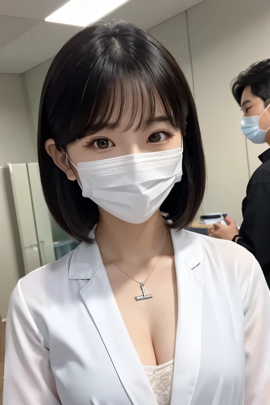 Beautiful young woman、 Korean women、Black Hair、Necklace around the neck、White、Dressing down white、Stethoscope、Mask on mouth、short hair、Wavy Hair、Intricate details, Very detailed:1.2), 、 Looking into the camera,The background is the inspection room..、ear piercing