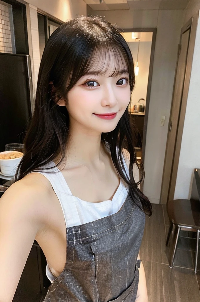 最high quality,Very detailed,finely,High resolution,8K壁紙,Perfect dynamic composition,Beautiful eyes,若い日本人woman,Age 25, Black Hair, thin, 4K, 8K, high quality, beauty, smile, Beautiful Eyes, Characterized by simplicity, High resolution,woman,Japanese Idols,Random facial expressions,White teeth,smile,whole body,Drawn angle of view,Smooth Hair,Selfie,Natural look,Random emotions,Naked Apron