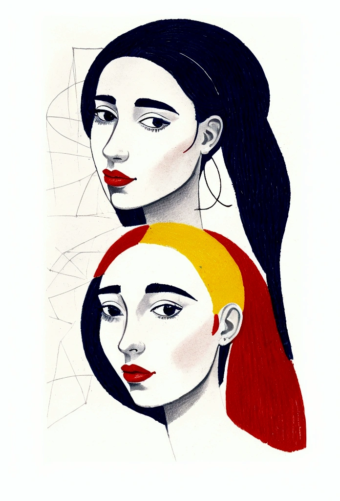 Une fille d'une beauté exquise dessinée avec très peu de trait, head to shoulder style, croquis d'illustration,(1women) minimalist, every stroke is precise and useless, like the genius Picasso.,color rgb