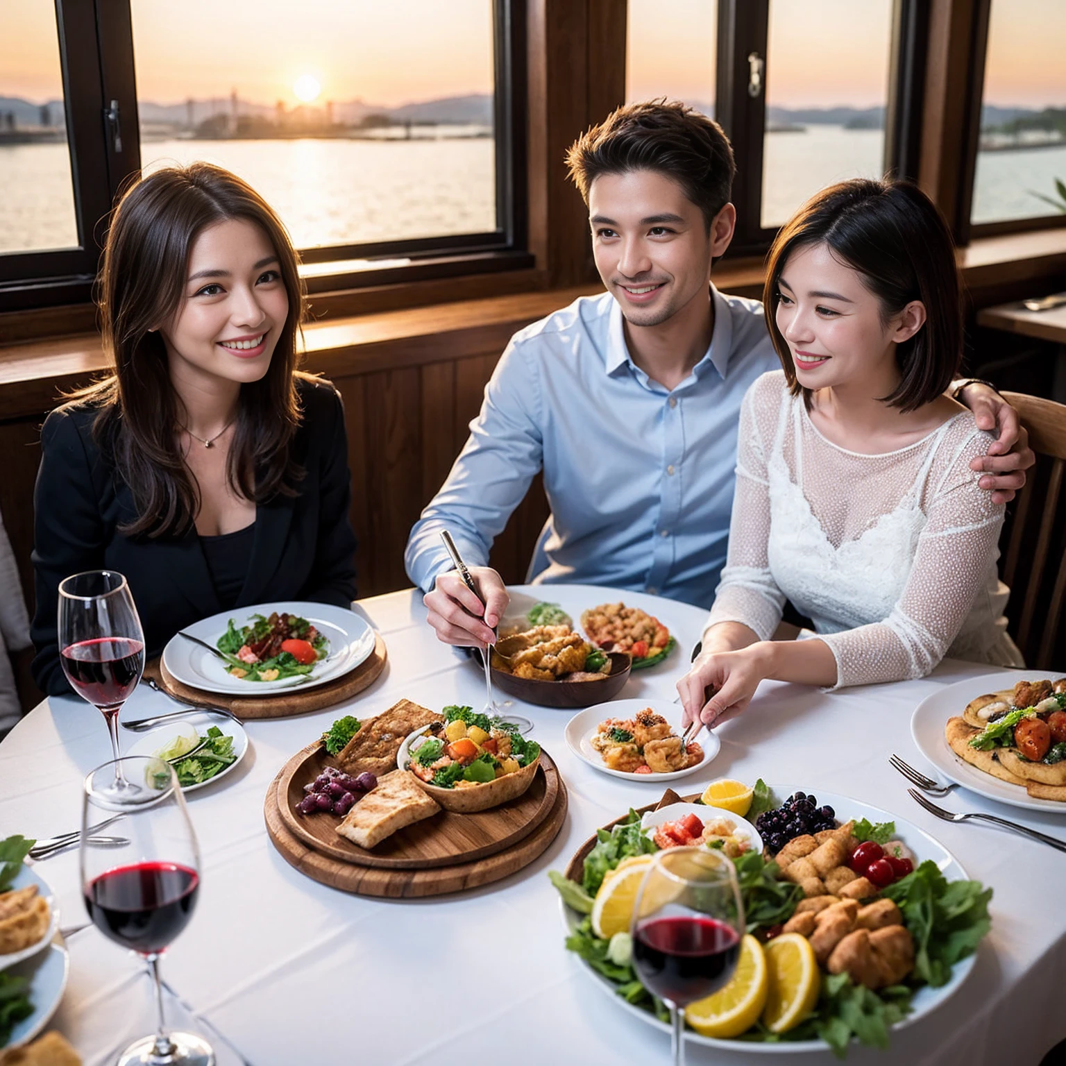 ((Highest quality、8K、masterpiece:1.3))、 (Genuineistic, Genuine、Bright image、Intricate details:1.2), 最高のsmile 男性1人 女性1人、Beautiful couple、spouse、Relatives and friends、spouse、actress couple、smile、Full-course dinner at a packed table、 (Slim face), (the body is slim), (Brown Hair), (short hair), テーブルのwine glass、Please shine a light on my face、 Amazing view of the sunset sky and clouds、 (33 years old)38 years old, red wine 、Appetizers、Wine bottle、sparkling wine、Long sleeve shirt、dress、White wine, red wine, wine glass,