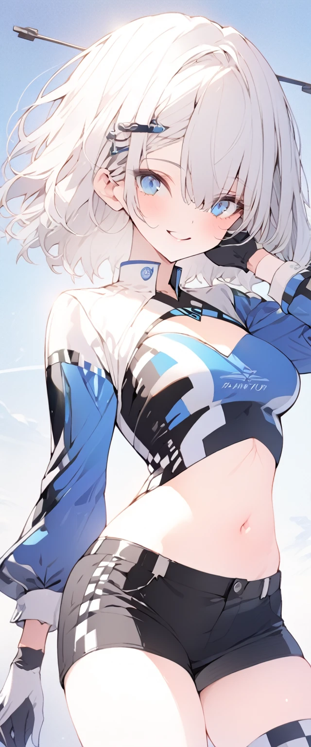 beautiful, masterpiece, Highest quality, anime, One girl, C Cup,Portrait Shot, View your viewers, Intricate details,>,((Covered、Short Hair、nearby、Blue Eyes、art、、White hair,Blue streaked hair、wallpaper、、hairpin、smile、Thighs、navel、Plainer_Race Queen、Plainer_Gloves、Plainer_Knee-high boots、work、Plainer_Shorts、Long sleeve