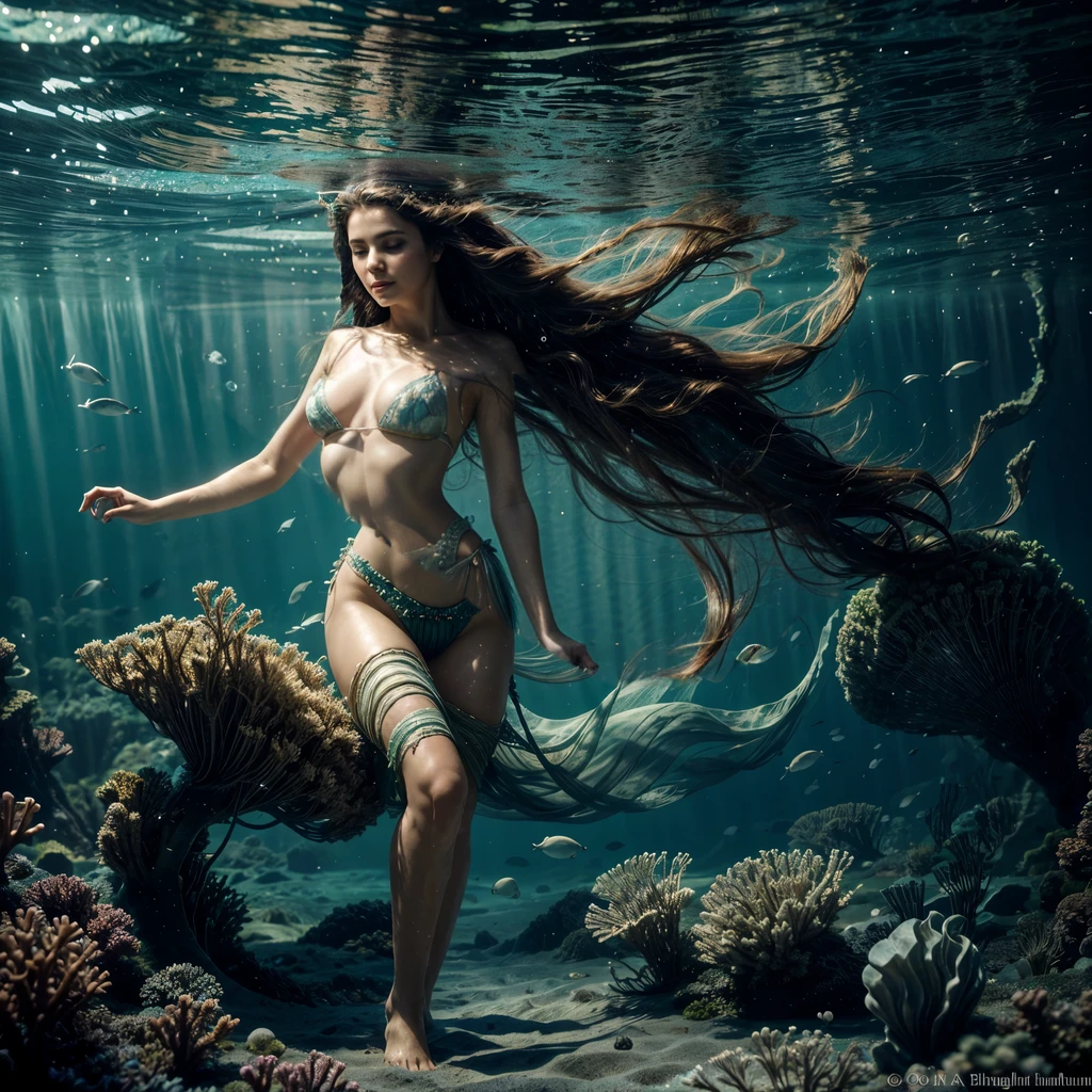 long floating hair, air bubbles, a veil, some fishes
