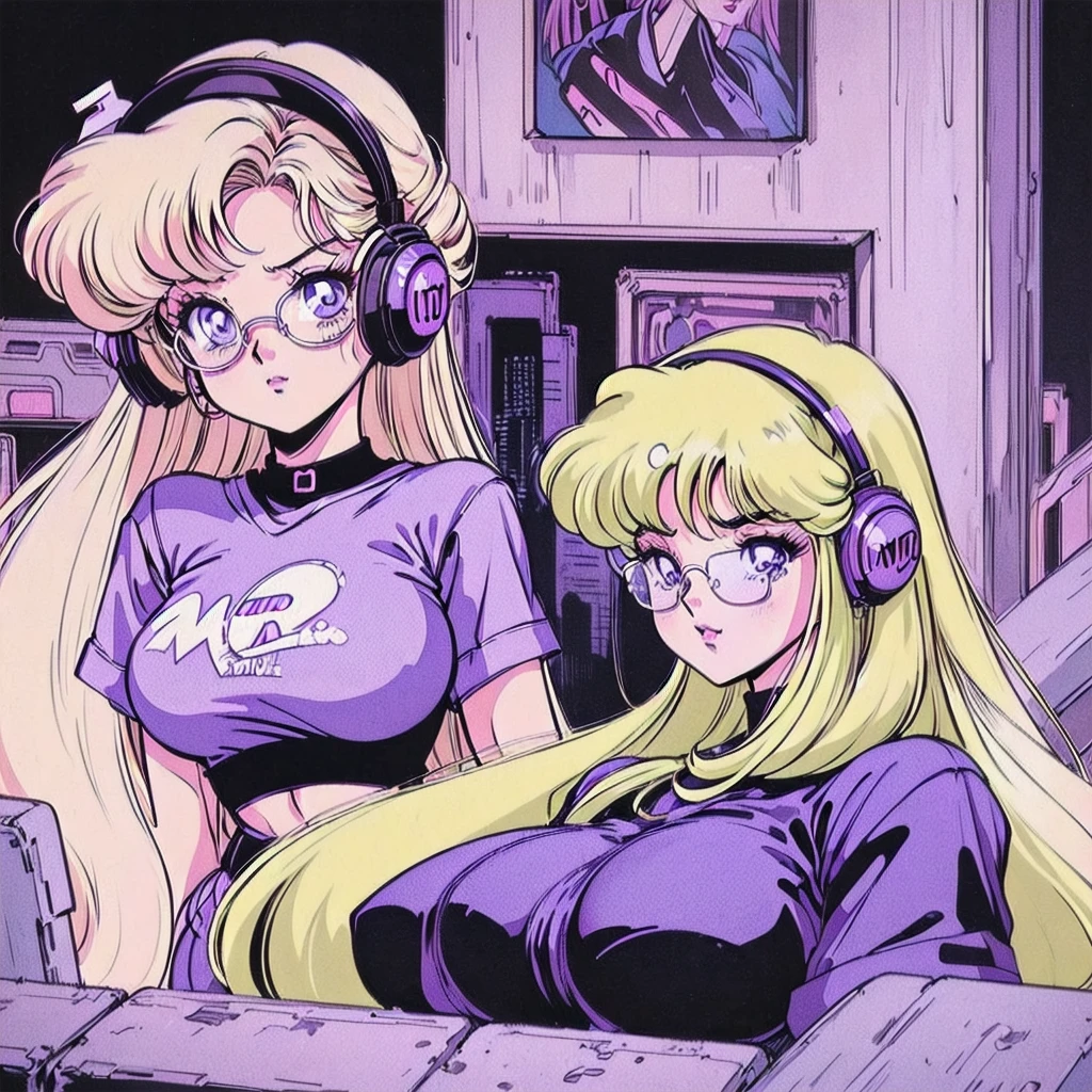(Blonde Barbie:1.2),(vintage 90's:1.1),(romance anime style:1.3), white glasses, headphones, dark cyberpunk, dystopia, dark color scheme with a black and purple background, curly hair, t-shirts