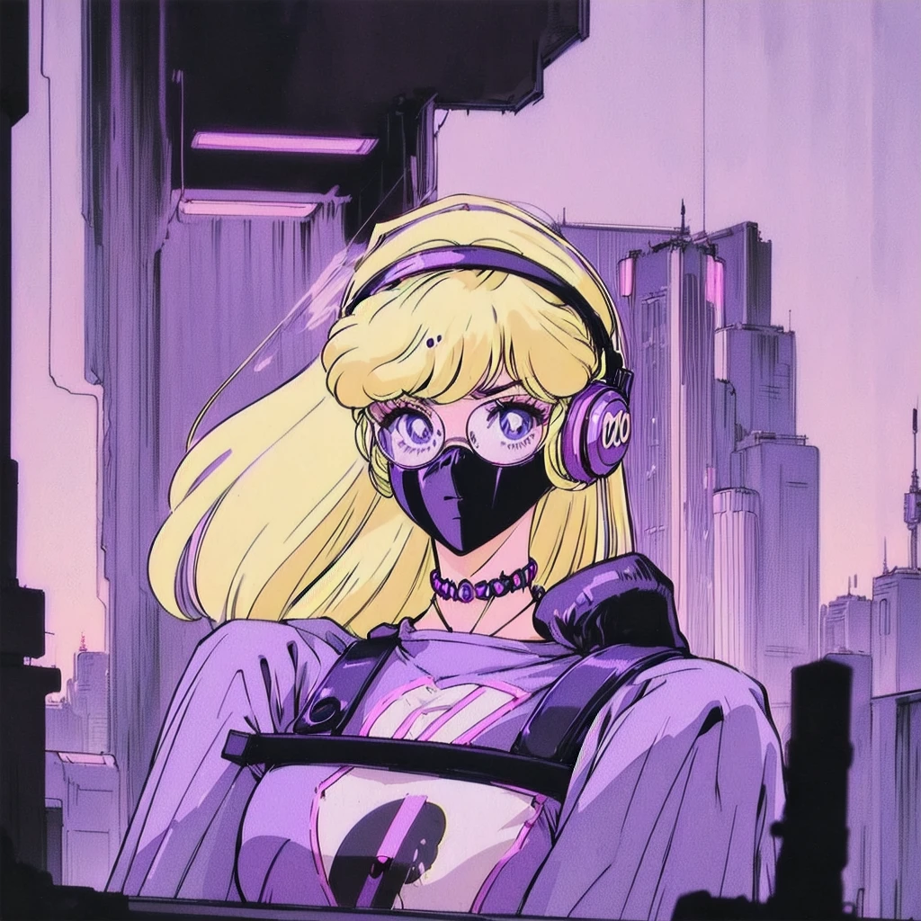 (Blonde Barbie:1.2),(vintage 90's:1.1),(romance anime style:1.3), white glasses, headphones, dark cyberpunk, dystopia, dark color scheme with a black and purple background, curly hair, t-shirts