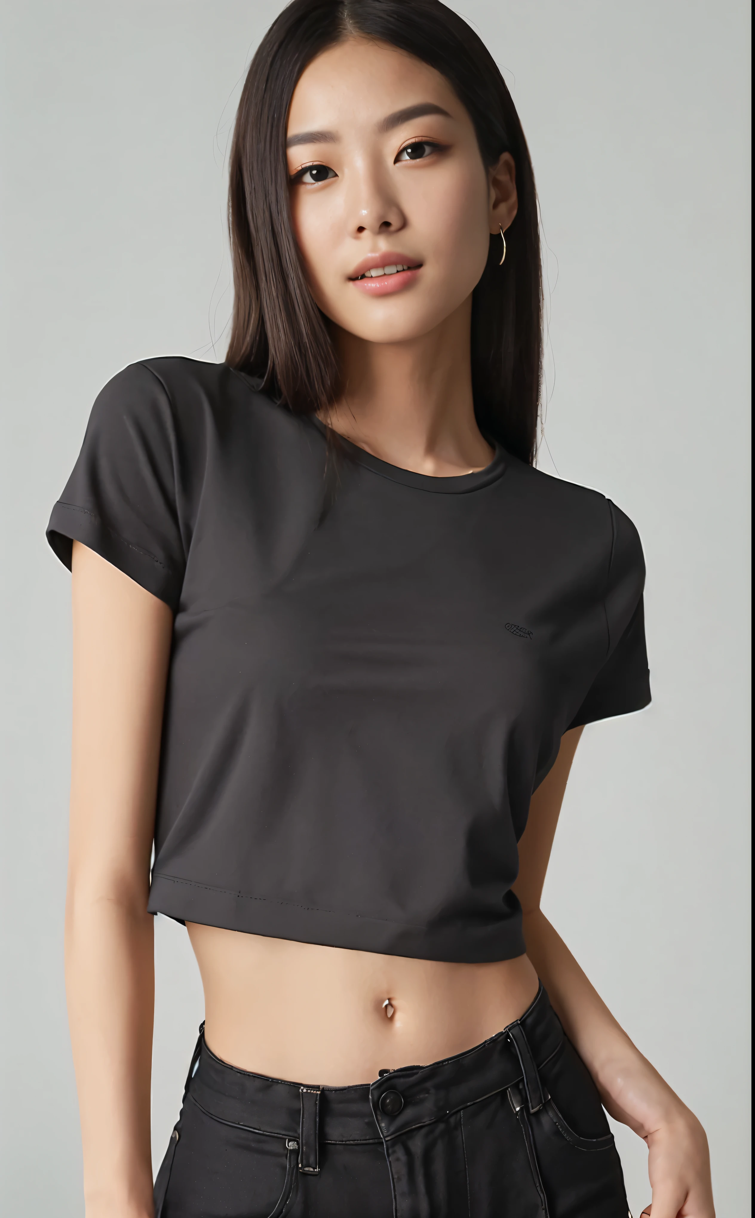 a close up of a woman wearing a black top cut, with torn t-shirt, top cut, top cut, inspired by Wang E, wearing top cut, gray dark, than, wearing a cropped tops, usando um top cropped sexy, official product image, gray shirt, wearing a cropped top, Waist slender, Inspired by Wang Yi, nanquan