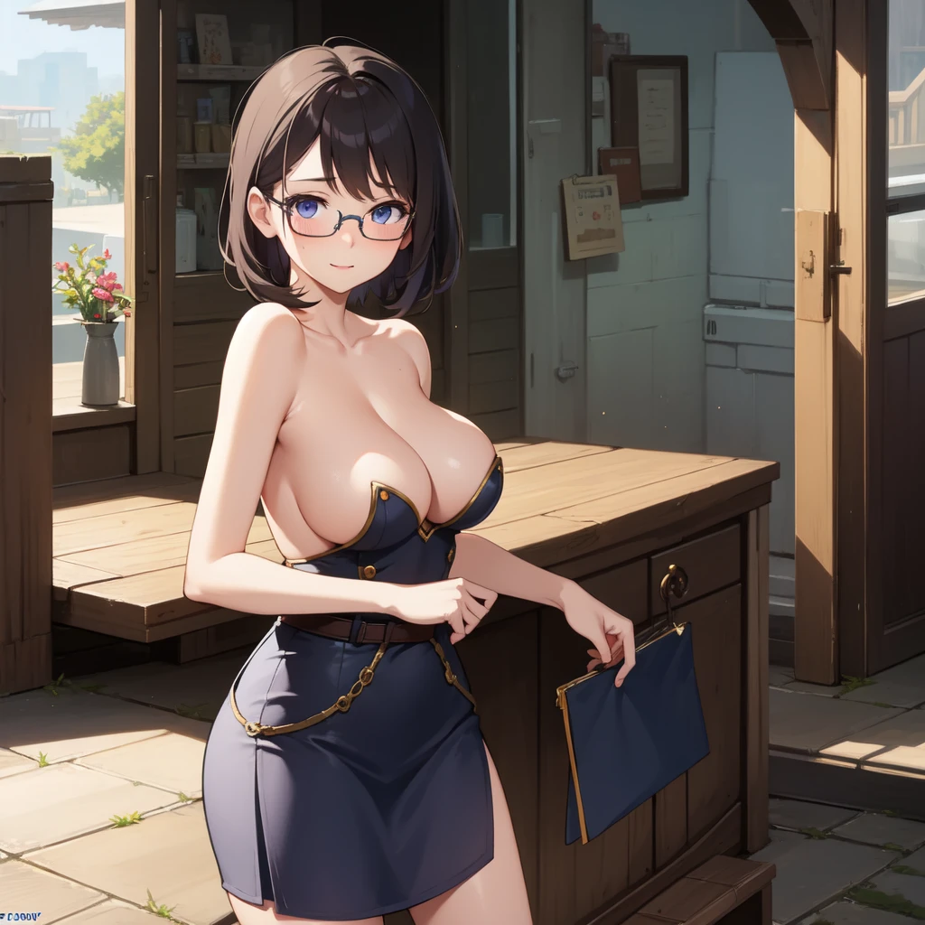 Highest quality、Ultra-high resolution、Fantasy、roleplaying game、A naked busty woman with glasses and a shy look on her face