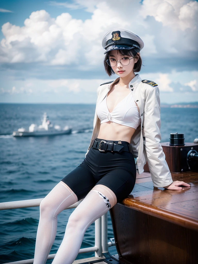 ((((Full body of a woman with perfect flat chest、Short unkempt black hair、white military jacket、Miko costume、tights、Black glasses、White military cap、Cloudy eyes、Sleepy expression)))), (((masterpiece))), (((Shipgirl))), ((Floating on the morning sea with both feet)), (Spread your legs wide open), (Hold the turret with your right hand), (Mechanical arms extending from the waist are used to equip the ship with battleship equipment.), (Equipped with a turret on the back), (Holds the turret with his left arm), Shotgun shells are attached to the thigh with a belt, Spreading the Machine&#39;s Wings, Machine tail,  shotgun, 