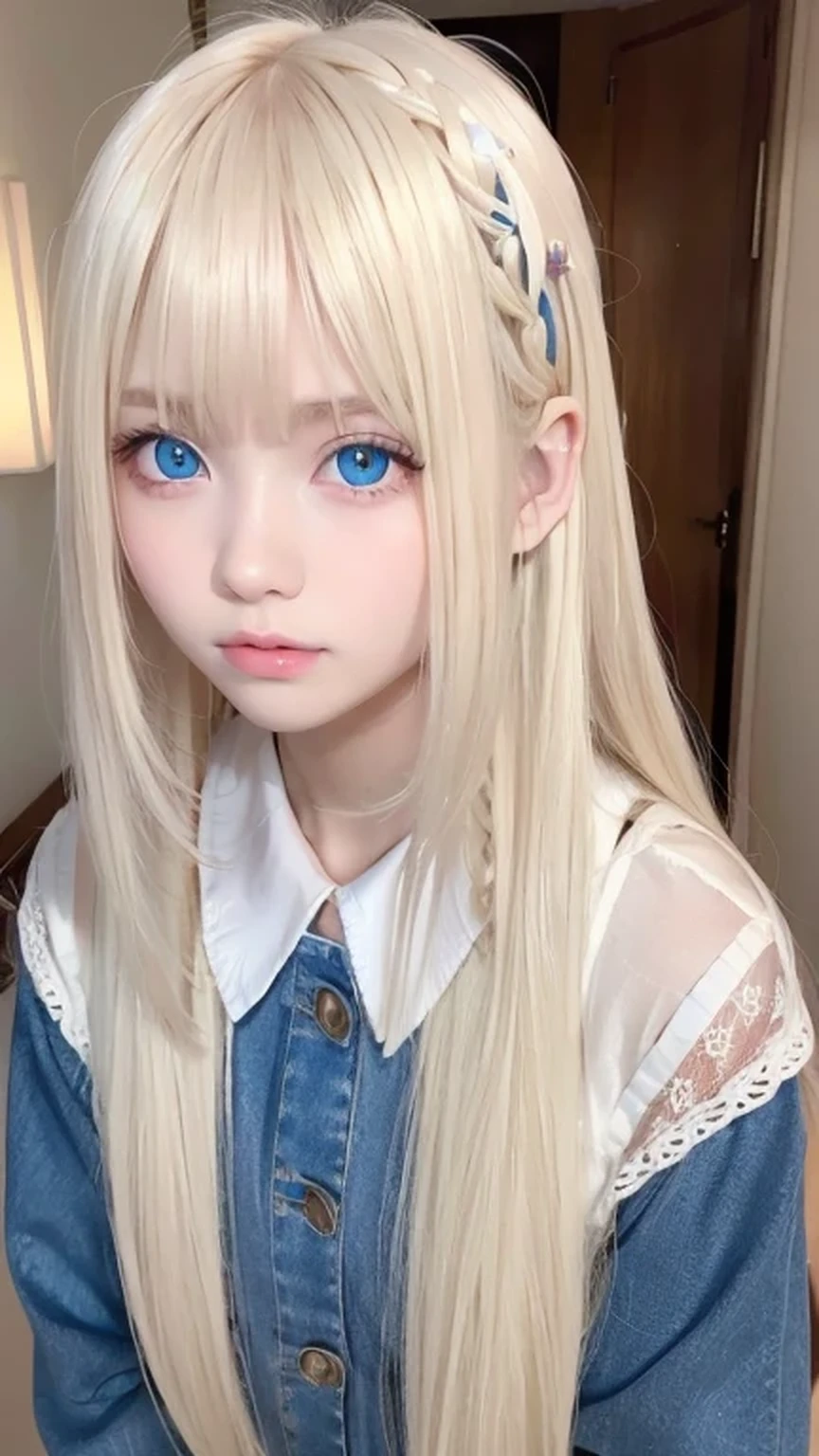 Super long blonde straight hair、Bangs on a beautiful face between the eyes、Very cute beautiful sexy young teenage girl、So perfect beautiful cute face、Very large, clear, beautiful, bright, light blue eyes、Very big cute eyes、Small Face Beauty、Cheek highlighter、White, bright and radiant skin、