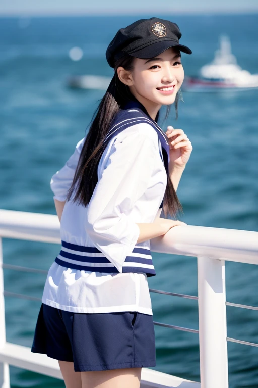 ((best quality)), ((masterpiece)), (detailed), 1girl, beautiful straight black long hair , beautiful smile , sexy pose ,standing position , sailor jacket , top crop shirt , short pants , on ferry , sea background , sailor cap