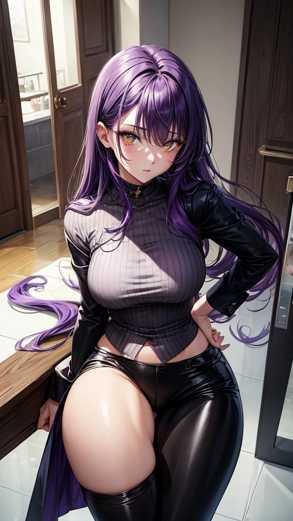 (masterpiece), best quality, expressive eyes, perfect face, purple hair, yellow eyes, legs, women, black suit, black pants, sexy, 