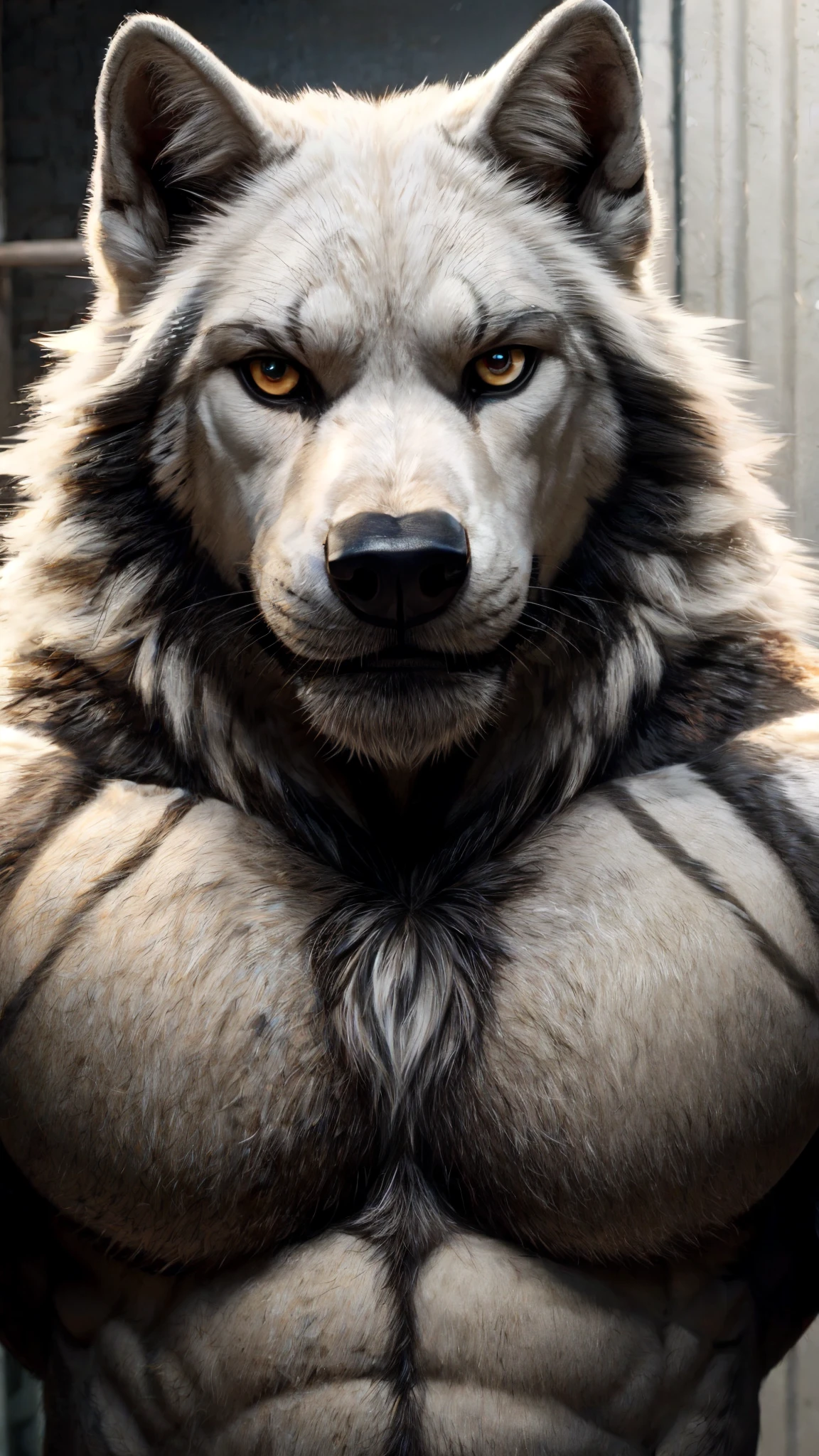 White wolf muscular looking at the camera And Hairy