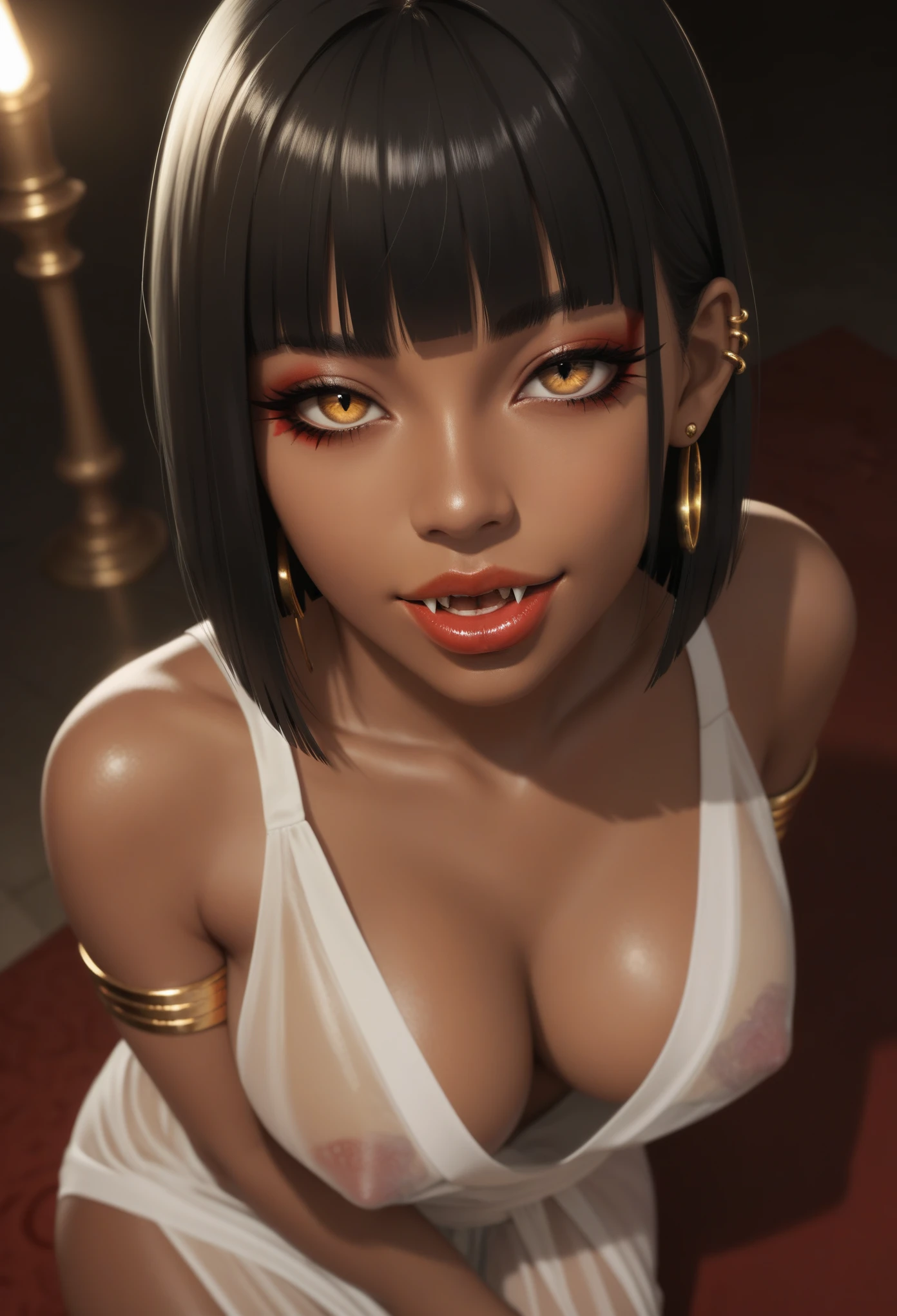 score_9, score_8_up, score_7_up, score_6_up, 1girl, solo, jewelry, rating: safe, brown_eyes, black_hair, lips, makeup, armlet, breasts, egyptian, egyptian_clothes, dark_skin, nose, earrings, gold, lipstick, cleavage, realistic, looking_at_viewer, medium_breasts, open_mouth, oral_invitation, piercing, gyaru, blunt_bangs, bangs, bob_cut, vampire, long_fangs, (from_above:1.3), downblouse, dark, silk, see-through, (blood_from_mouth:1.2), black_robe, blood, sharp_teeth, moonlight, temple, (blood_on_face:1.4)
