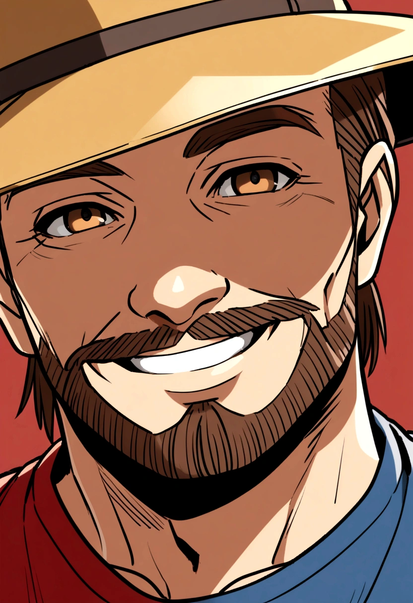 40 year old man, brown hair, brown eyes, wearing a dark yellow hat, blue tank top, red t-shirt underneath, smiling.