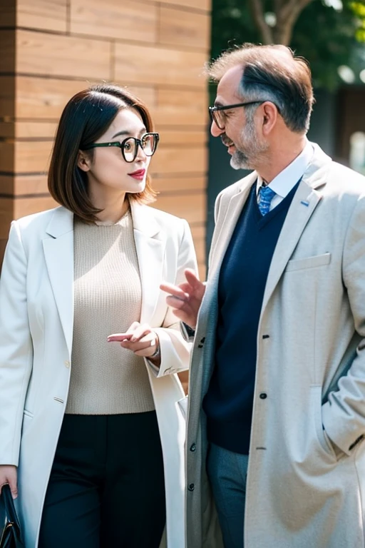 A male doctor in his 50s wearing a white coat and glasses，She is chatting with a man in his 30s wearing a suit.，Stylish Background