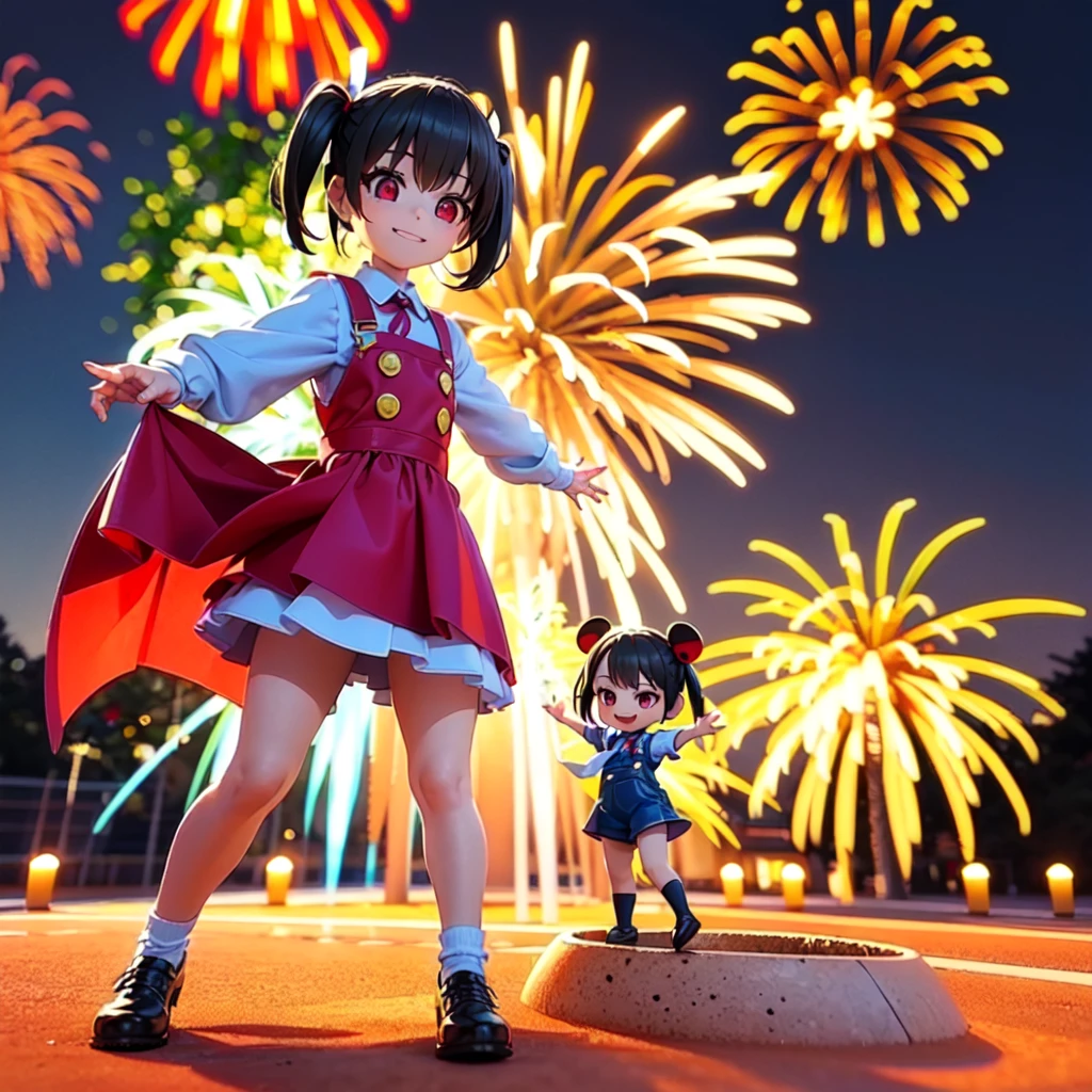 (masterpiece, best quality), ((((Soft render 3d)))), 
[:reflection:0.2], (shadow:1.0), 
(Chibi) Cute girl, twin tail, (drooping eyes, red eyes), Wearing a overall, joy, 
happy, solo, female ladybug in red, is smiling, with a wide and long red cape with black dots like a ladybug, fireworks are going off behind, the fireworks are very distinct and can be seen like the Walt Disney fireworks, there are sun rays behind
Playing in the sandbox at the park,
