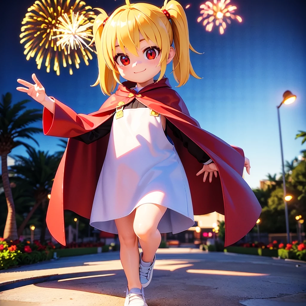 (masterpiece, best quality), ((((Soft render 3d)))), 
[:reflection:0.2], (shadow:1.0), 
(Chibi) Cute girl, twin tail, (drooping eyes, red eyes), Wearing a overall, joy, 
happy, solo, female ladybug in red, is smiling, with a wide and long red cape with black dots like a ladybug, fireworks are going off behind, the fireworks are very distinct and can be seen like the Walt Disney fireworks, there are sun rays behind
Playing in the sandbox at the park,