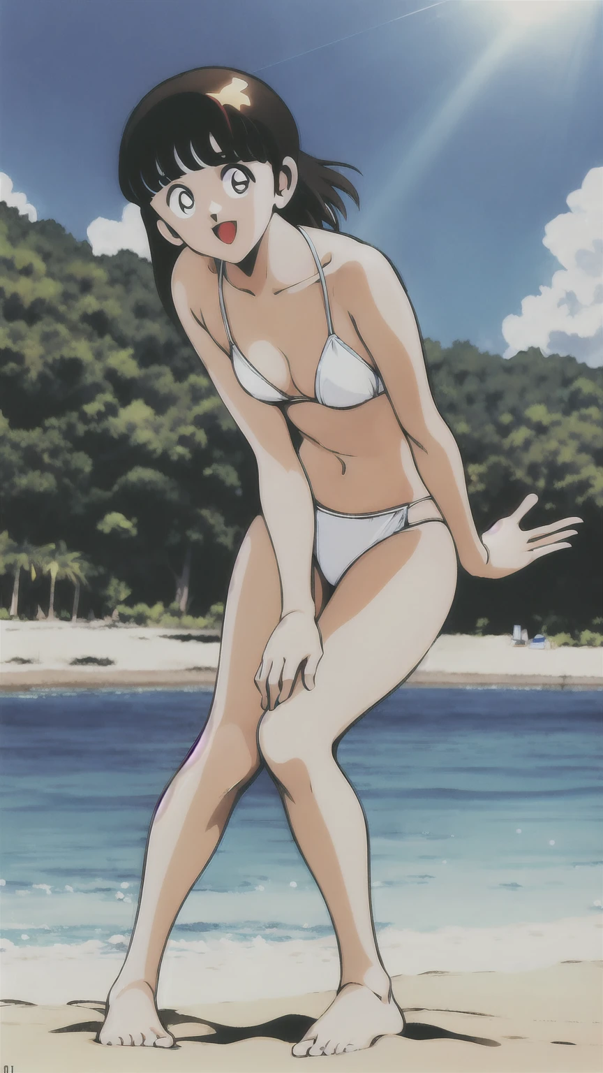 ((((character:asakura minami:1.4)))),((masterpiece)),((highest quality)),Super detailed,(thin entire outline),enlightenment,explicit,1girl,solo,black hair,medium hair,black eyes,small nose,perfect body,beautiful body,beautiful character design,perfect eyes,perfect face,((happy smile)),small open mouth,(enjoy,having fun:1.2),perspiration,wallpaper,ultra high resolution,8k,photo shoot,(beautiful medium breast:1.2),beautiful legs,perfect feet,beautiful skin,fair skin,smooth skin,official style,official art,make a screen cap,outdoor,((summer beach)),sunshine,bright lighting,(white micro bikinis),(split legs:1.2),peace sign,