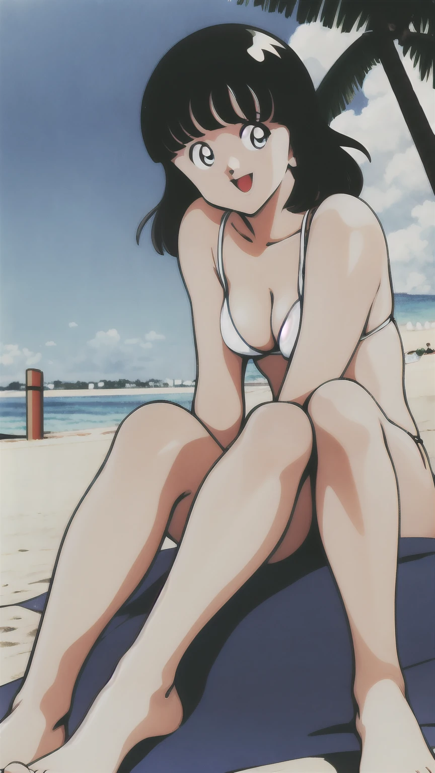 ((((character:asakura minami:1.4)))),((masterpiece)),((highest quality)),Super detailed,(thin entire outline),enlightenment,explicit,1girl,solo,black hair,medium hair,black eyes,small nose,perfect body,beautiful body,beautiful character design,perfect eyes,perfect face,((happy smile)),small open mouth,(enjoy,having fun:1.2),perspiration,wallpaper,ultra high resolution,8k,photo shoot,(beautiful medium breast:1.2),beautiful legs,perfect feet,beautiful skin,fair skin,smooth skin,official style,official art,make a screen cap,outdoor,((summer beach)),sunshine,bright lighting,(white micro bikinis),(split legs:1.2),peace sign,