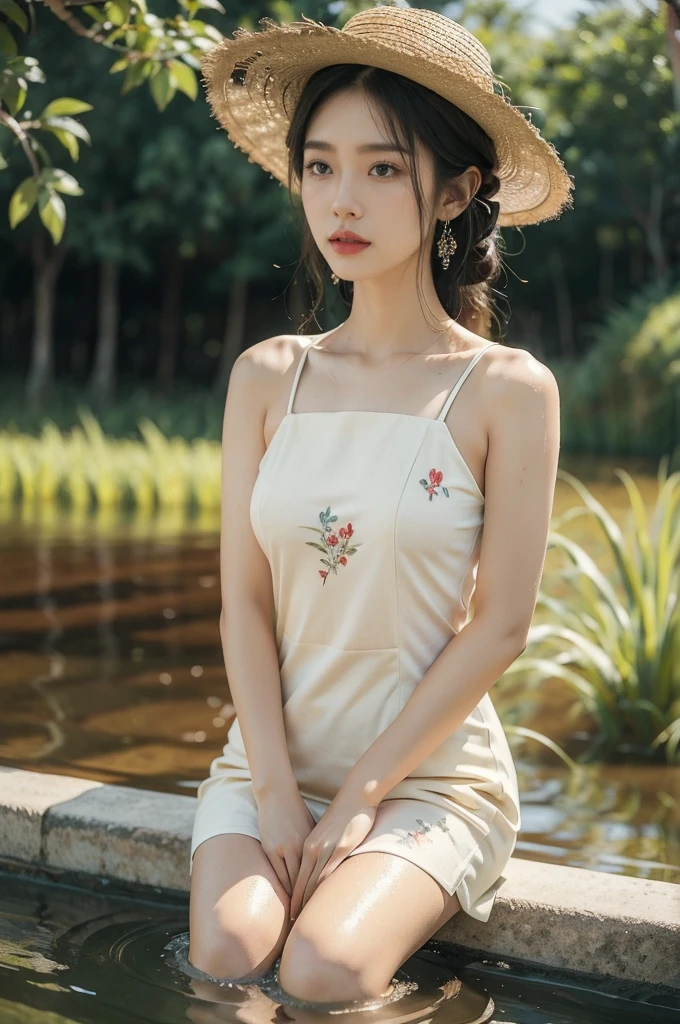 (((best quality))),(((ultra detailed))),(((masterpiece))),illustration,1 beautiful girl,slim,straw hat,shiny skin,dark Bronze colored skin,sweat,wet,flat chest,short Embroidered red cheongsam,bare arms,sitting in the Paddy pool filled with Rice seedlings,upper body,elegant, clear sky, sunlight, dreamy, contrast, natural,Chinese rural landscape,The body below the neck is in water