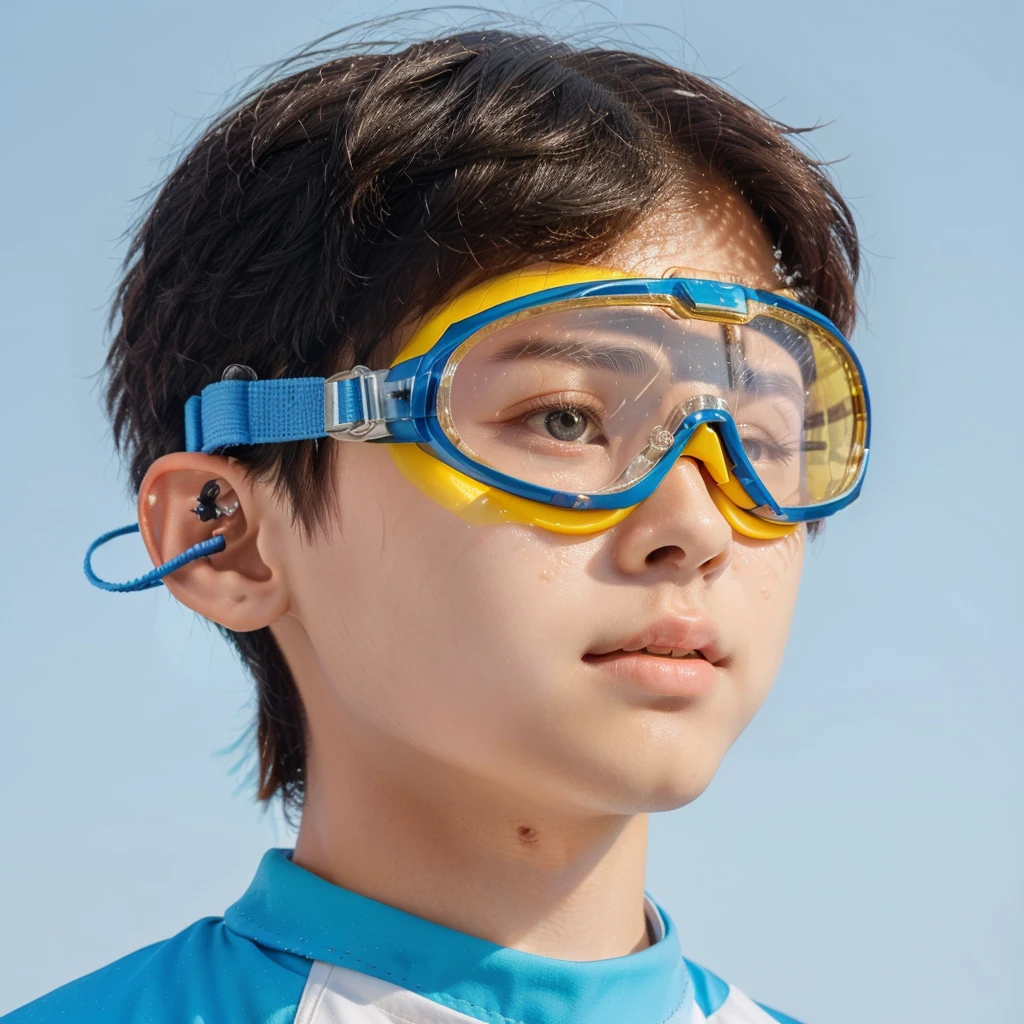 there is a young boy wearing goggles and a blue shirt, goggles on forehead, wearing goggles, goggles, goggles around his neck, Scuba mask, cai xukun, Low angle shot, Low angle shot, child, 2020 fashion, Wear sailing glasses, glossy blue goggles, round goggles, li zixin, zoomed shoot, Clear quality