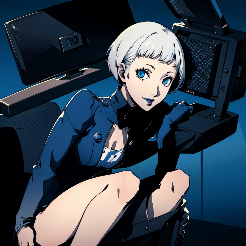 
masterpiece, ((best quality)),((1 girl)), blue eyes, very Short hair, black lipstick, white hair, female , tomboy Pixie haircut, deep blue suit, white hair, white hair,smiling,hacker,in the,dark room,sitting,looking monitor,cute,blue background